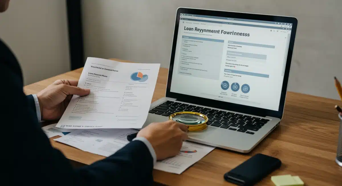 Individual reviewing financial documents and laptop for student loan forgiveness eligibility.