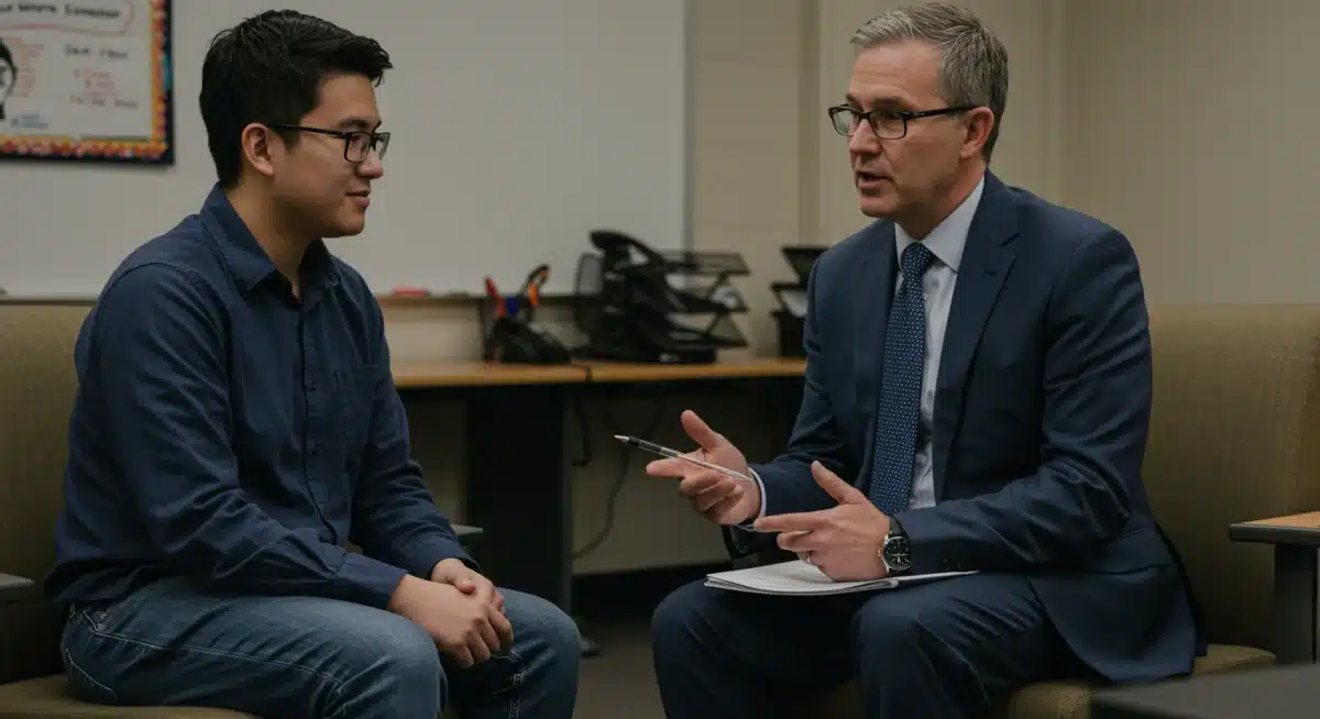 School counselor providing one-on-one mental health support to a student in a private office.