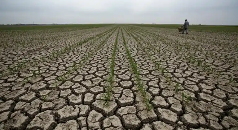 Parched agricultural field showing severe drought impact on U.S. crops in 2026.