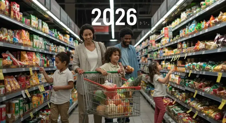 Family shopping for groceries with SNAP benefits in 2026