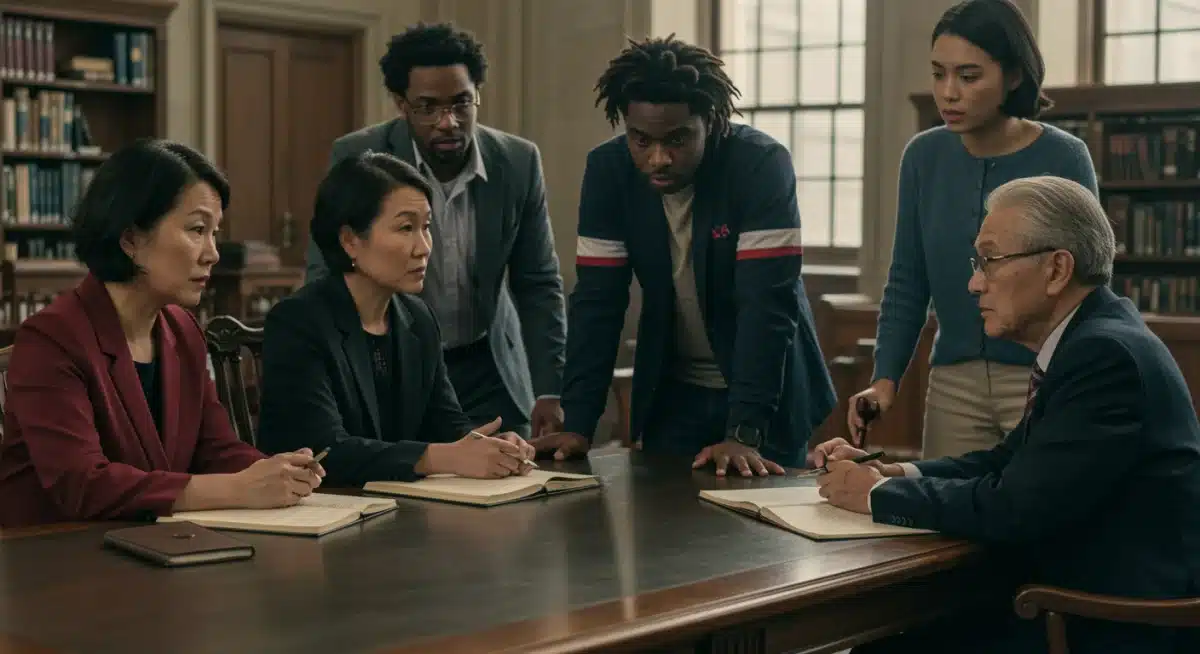 Diverse group discussing legal implications, societal impact