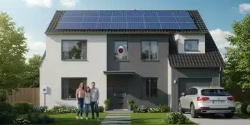 Family in front of a modern, solar-powered home benefiting from energy tax credits.