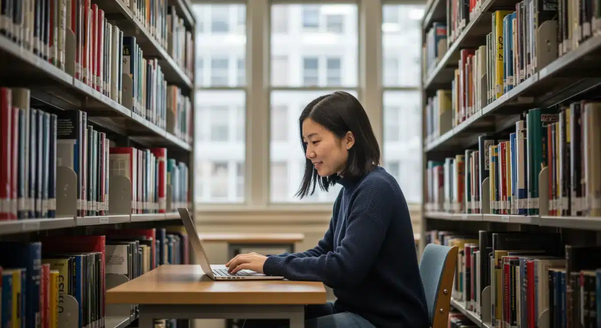Student focused on laptop in modern university library