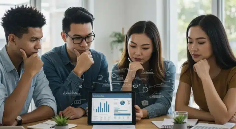 Students reviewing federal student loan repayment options on a tablet