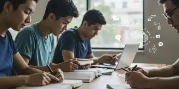 Students diligently studying for standardized tests for college admissions.