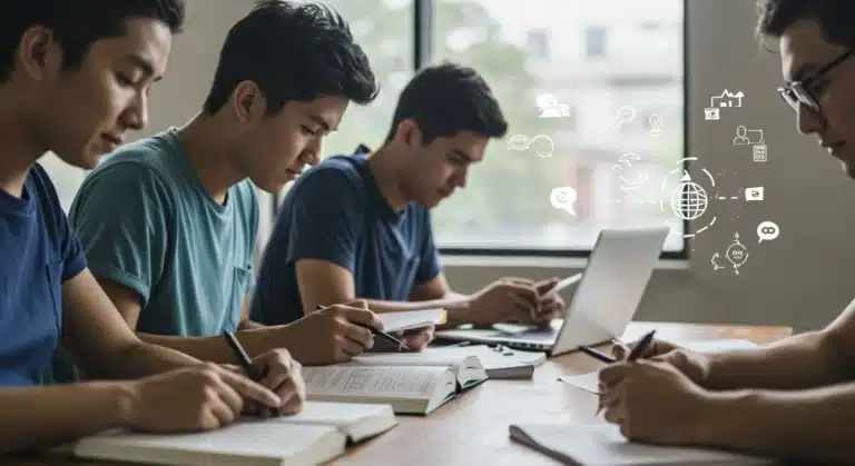 Students diligently studying for standardized tests for college admissions.