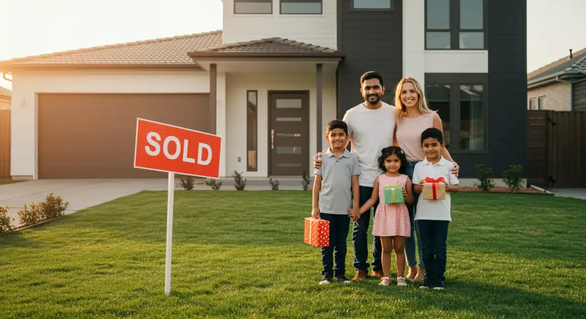 Happy family in front of a 'Sold' sign on their new house, symbolizing successful home buying.
