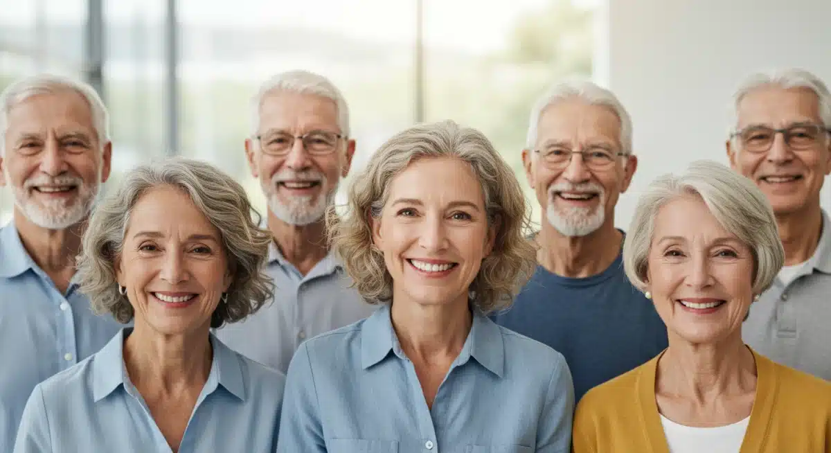 Diverse group of people smiling, representing financial security and successful retirement planning through maximized 401k.