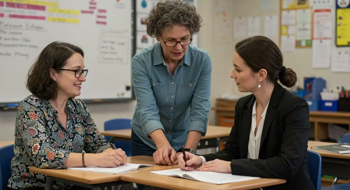 Experienced teacher mentoring a new educator, symbolizing professional growth and support.
