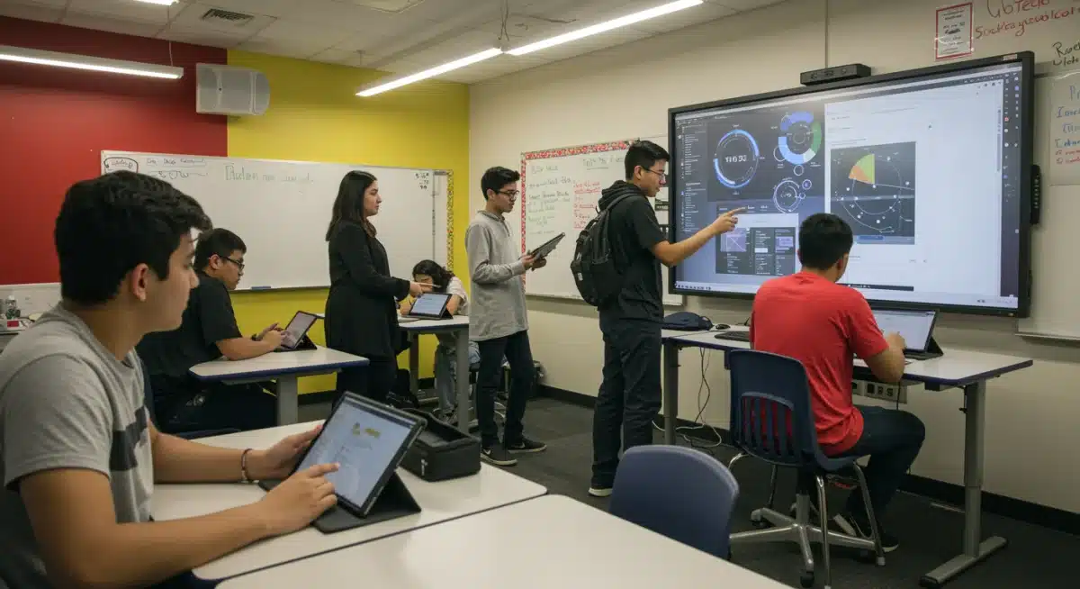 Students using educational technology in a classroom, showcasing digital learning tools for intervention.
