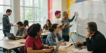 Diverse U.S. students engaged in collaborative learning activities with technology, illustrating effective educational interventions.