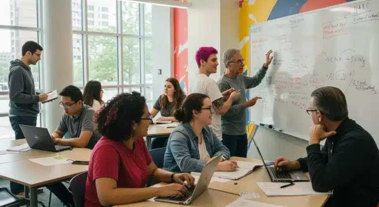 Diverse U.S. students engaged in collaborative learning activities with technology, illustrating effective educational interventions.