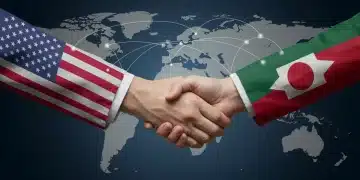Diplomatic handshake with national flags, representing the new U.S. trade agreement with key nations.