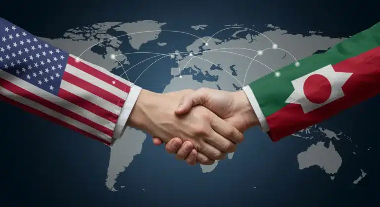 Diplomatic handshake with national flags, representing the new U.S. trade agreement with key nations.