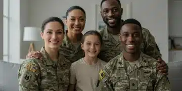 Smiling veteran family in living room, symbolizing financial security