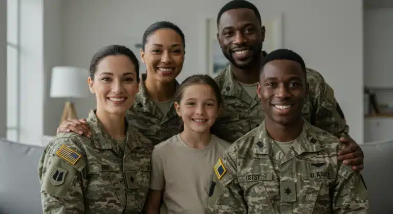 Smiling veteran family in living room, symbolizing financial security